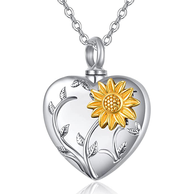 Sterling Silver Sunflower Heart Urn Necklace for Ashes