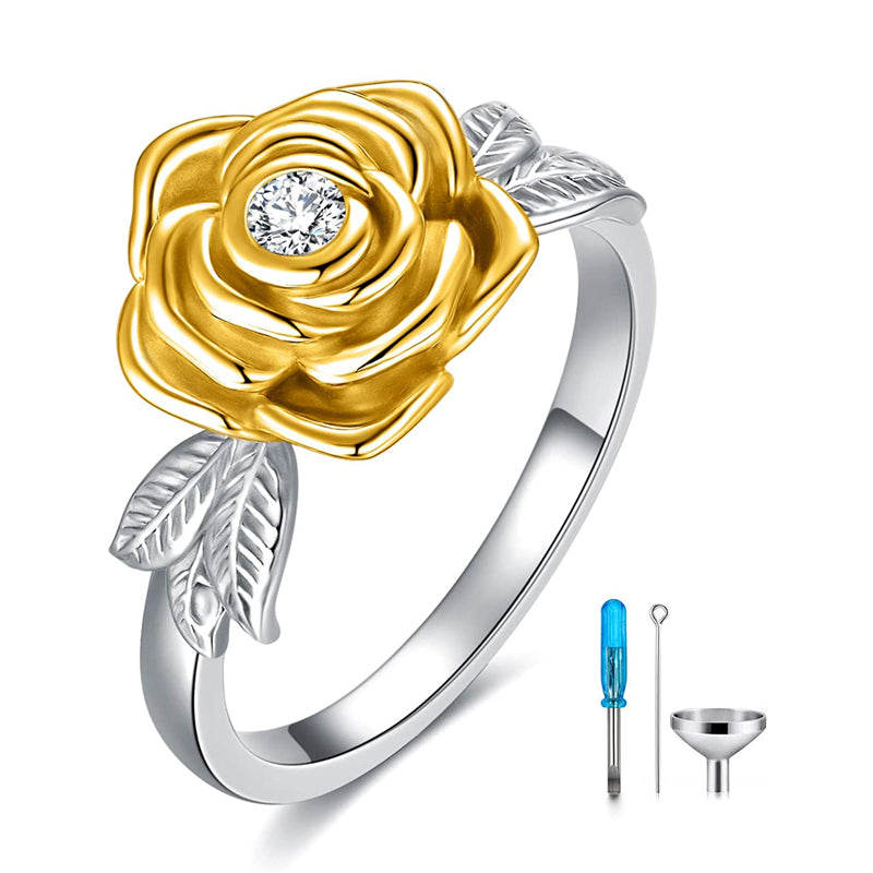 Sterling Silver CZ Rose Flower Cremation Urn Ring Ashes