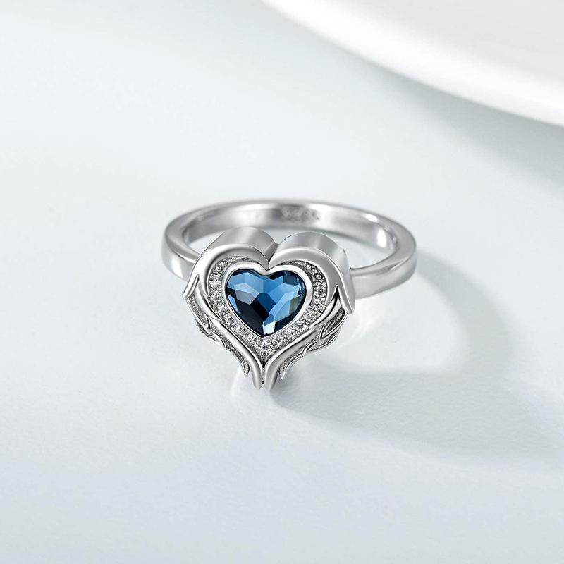 Sterling Silver Heart Crystal Angel Wing Urn Ring for Ashes