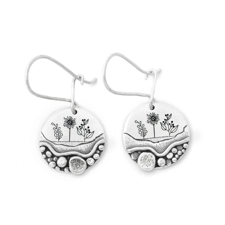 Sterling Silver Trail Mini Forest Pebble Wildflower Dangle Earrings