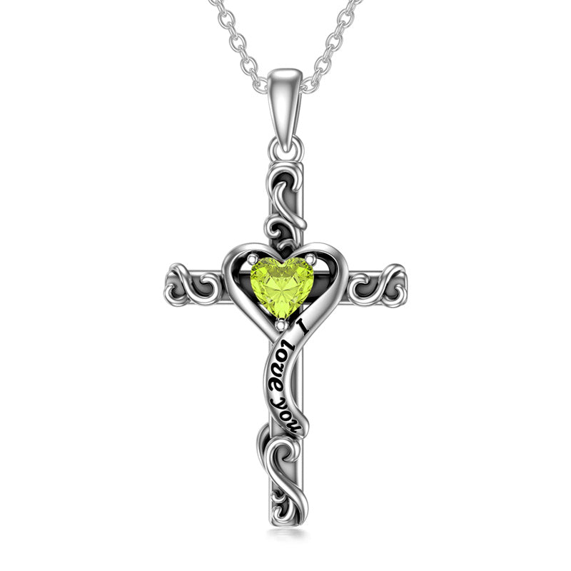 Sterling Silver Birthstone Cross Pendant Necklace Engraved With  Love You