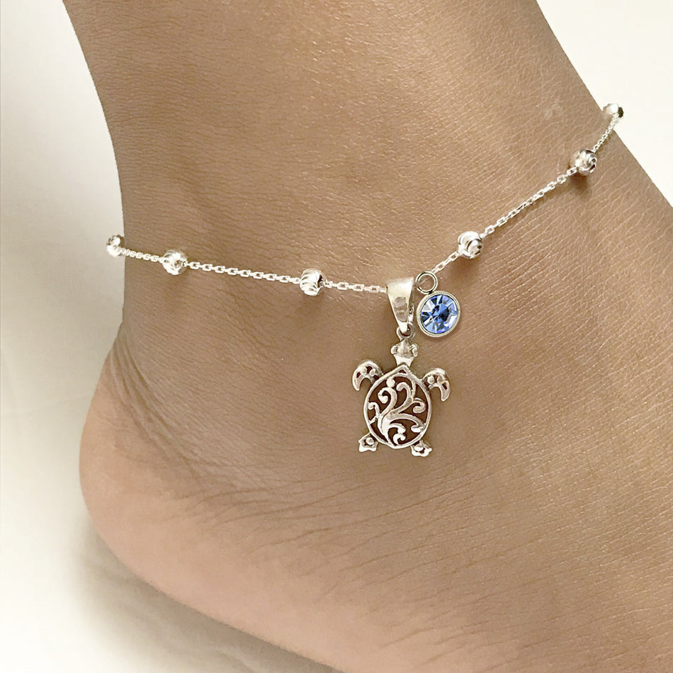 Sterling Silver Personalized Filigree Turtle Orca Whale Single Layer Anklet Bracelet