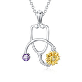 925 Sterling Silver Stethoscope Necklace with Sunflower Birthstone Necklace for Women Medical Doctor Nurse Jewelry Gift
