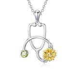 925 Sterling Silver Stethoscope Necklace with Sunflower Birthstone Necklace for Women Medical Doctor Nurse Jewelry Gift