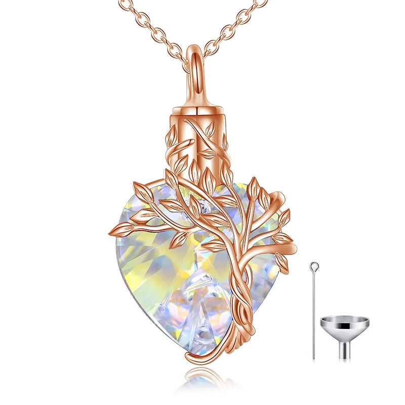 Sterling Silver Crystal Heart Tree of Life Urn Necklace for Ashes