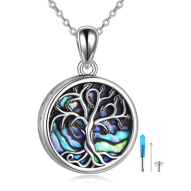 Sterling Silver Tree of Life Urn Necklaces Abalone Opal Shell Cremation Jewelry for Ashes