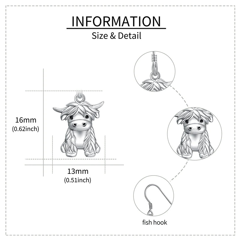 Sterling Silver Highland Cow  Dangle Earrings