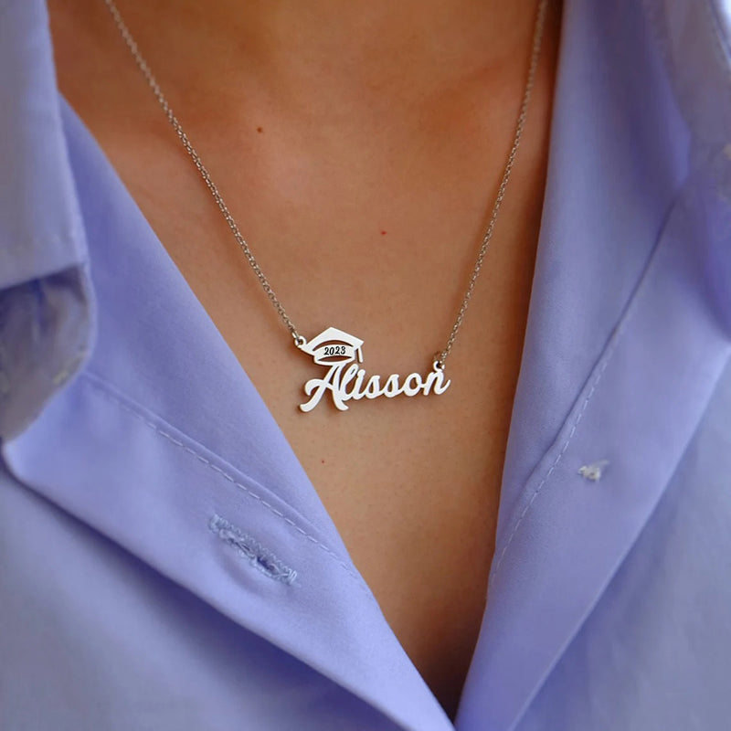 Sterling Silver Personalized Bachelor Cap Name Pendant Necklace