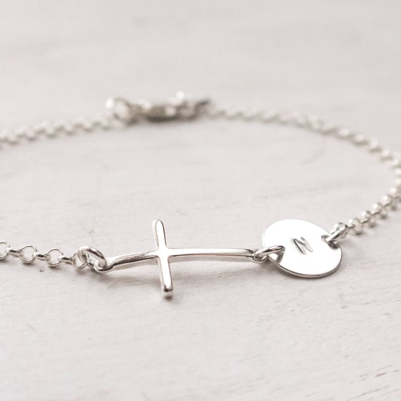 Sterling Silver Sideways Cross Personalized Initial Bracelet