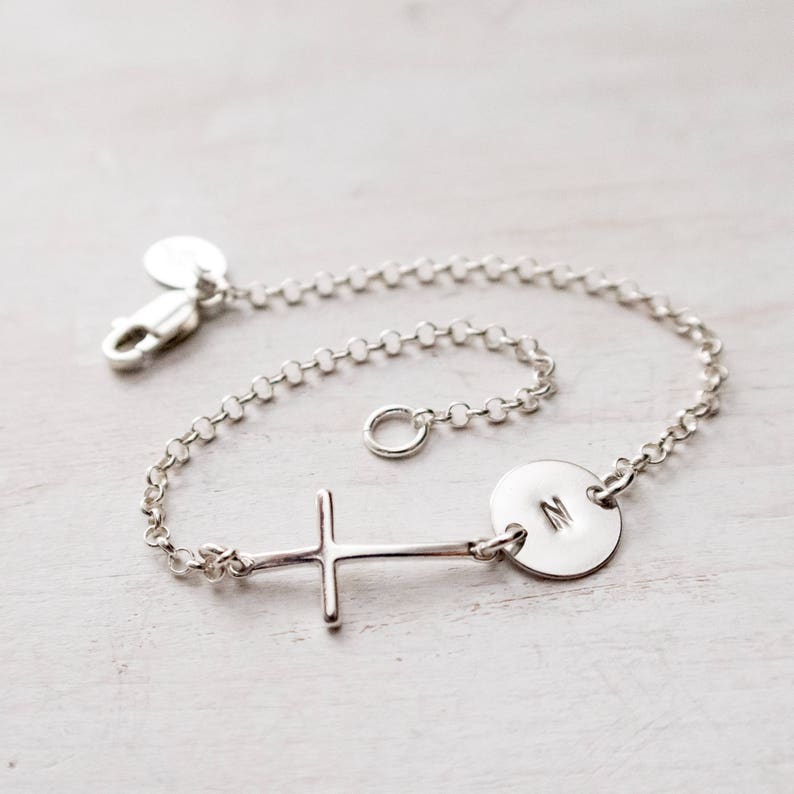 Sterling Silver Sideways Cross Personalized Initial Bracelet