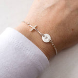 Sterling Silver Sideways Cross Personalized Initial Bracelet