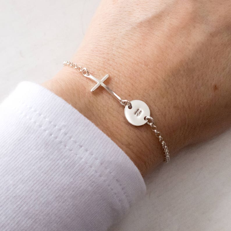 Sterling Silver Sideways Cross Personalized Initial Bracelet
