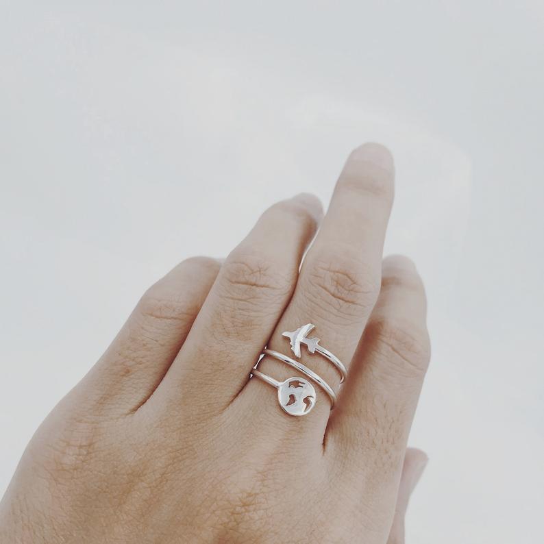Sterling Silver World Map with Airplane Adjustable Ring