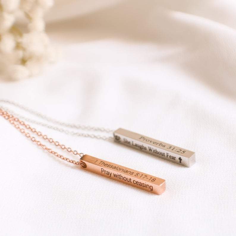 Sterling Silver Personalized 2 Sided Engraved Vertical Bar Pendant Necklace