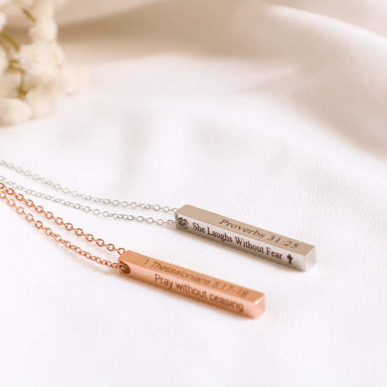 Sterling Silver Personalized 2 Sided Engraved Vertical Bar Pendant Necklace