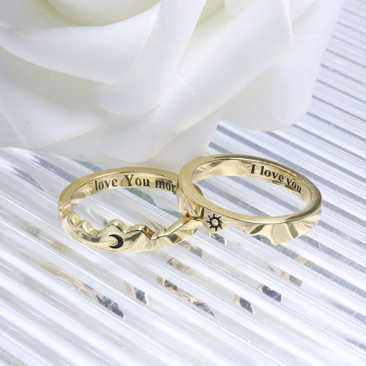 Sterling Silver Personalized Engraved Moon & Sun Matching Couple Rings Set