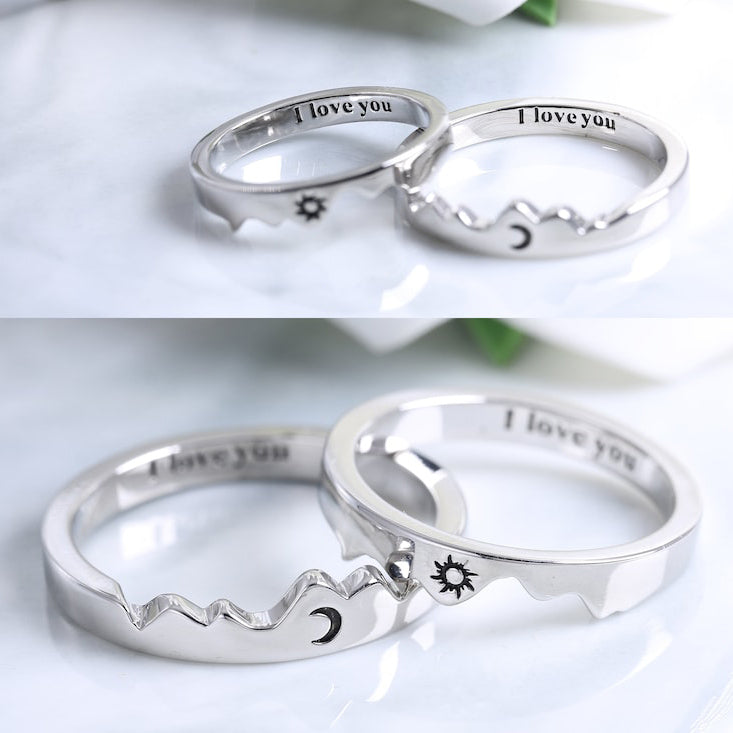 Sterling Silver Personalized Engraved Moon & Sun Matching Couple Rings Set
