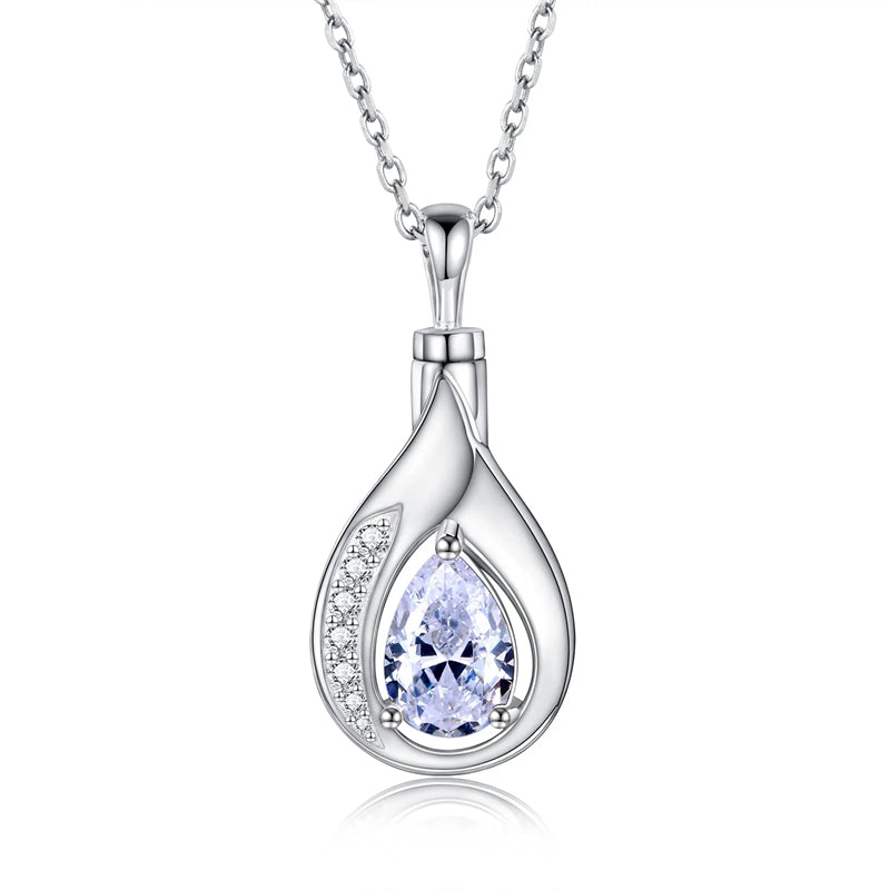 Sterling Silver Cubic Zirconia Tear Dangle Urn Necklace for Ashes