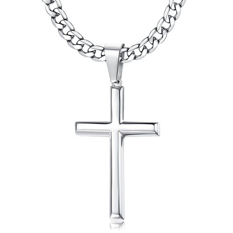 Sterling Silver Cross Pendent for Men With Stainless Steel Cuban Link Pendant Necklace