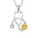 925 Sterling Silver Stethoscope Necklace with Sunflower Birthstone Necklace for Women Medical Doctor Nurse Jewelry Gift
