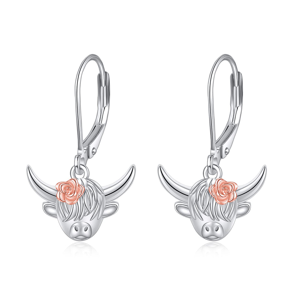 Sterling Silver Highland Cow Leverback  Earrings