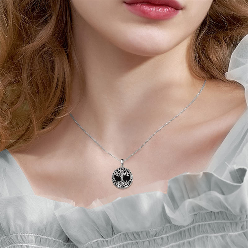Sterling Silver Black Onyx Abalone Shell Tree of Life Celtic Knot Pendant Necklace
