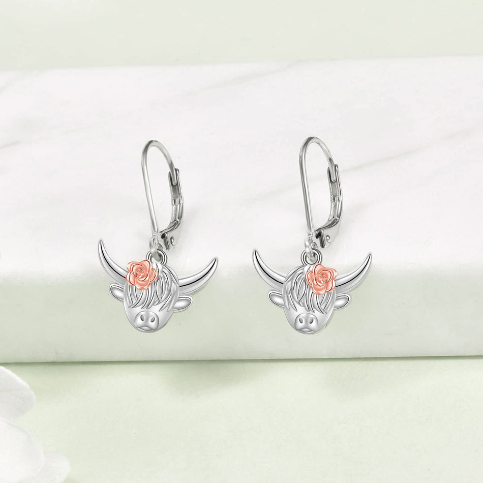 Sterling Silver Highland Cow Leverback  Earrings