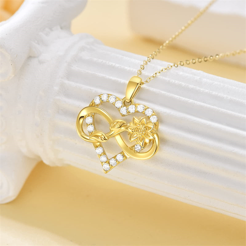 14k Gold Sunflower Heart & Infinity Pendant Necklace