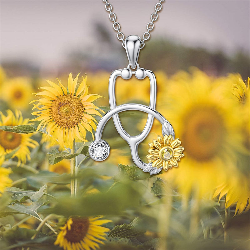 925 Sterling Silver Stethoscope Necklace with Sunflower Birthstone Necklace for Women Medical Doctor Nurse Jewelry Gift