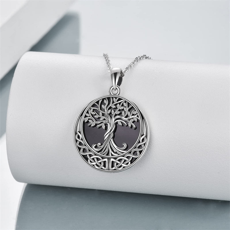 Sterling Silver Black Onyx Abalone Shell Tree of Life Celtic Knot Pendant Necklace