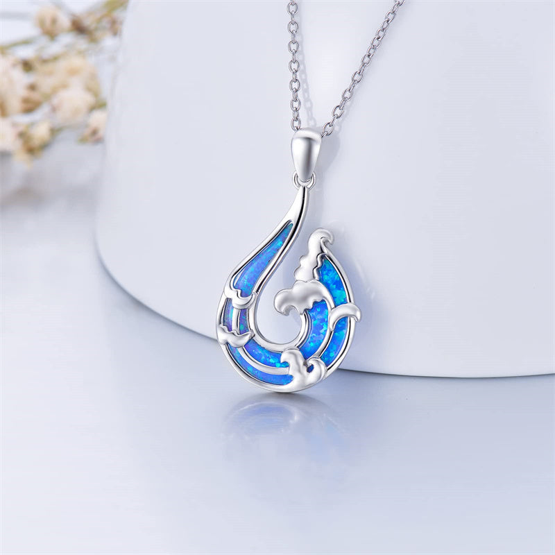 Sterling Silver Opal Wave Pendant Necklace