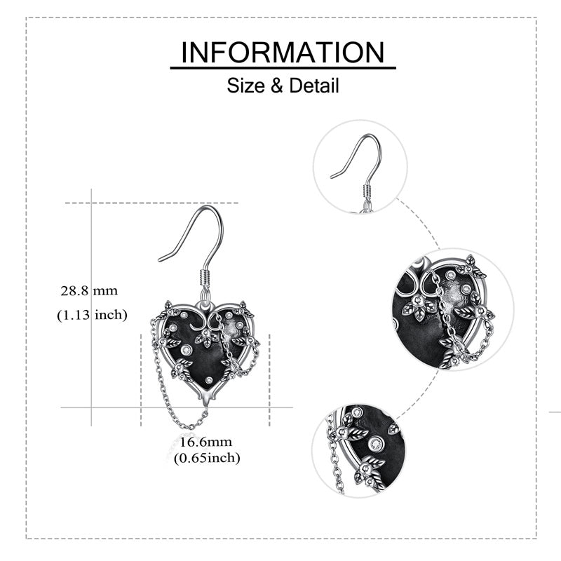 Sterling Silver Heart Gothic Witches Dangle Earrings