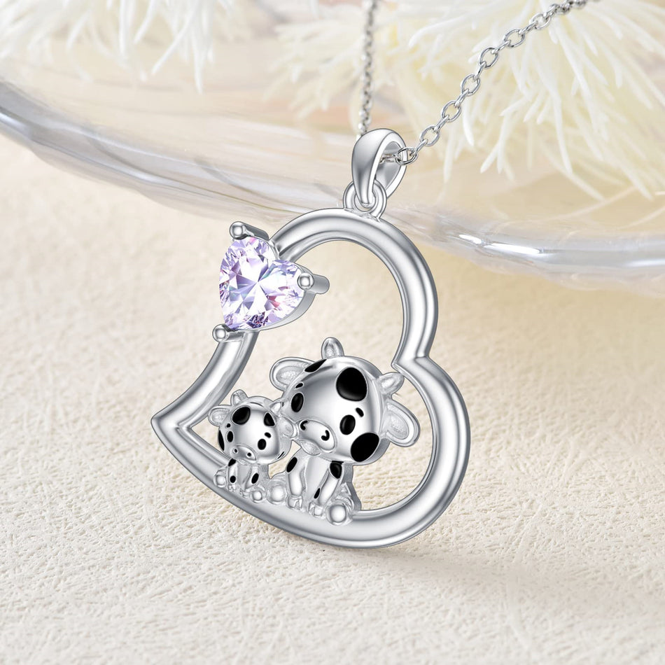 Sterling Silver Mother Daughter Cow Pendant Necklace