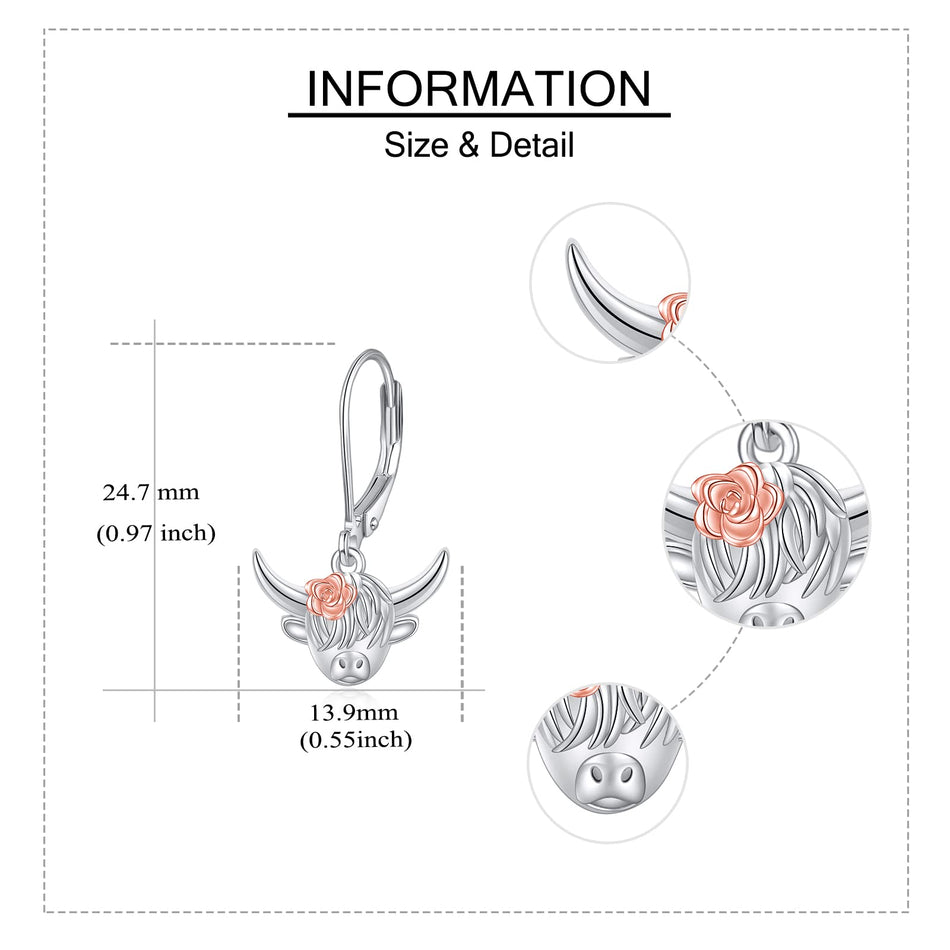 Sterling Silver Highland Cow Leverback  Earrings