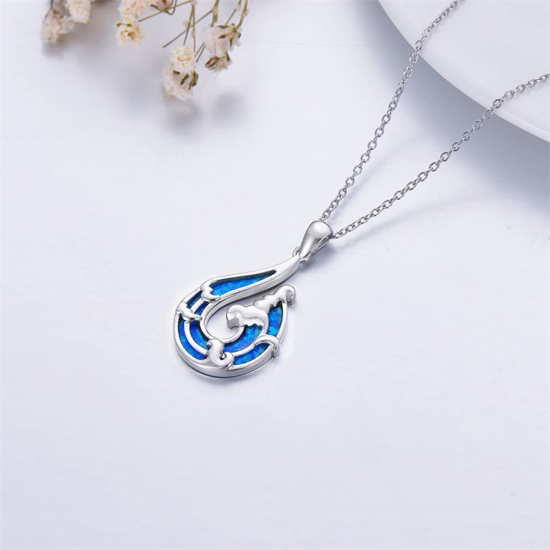 Sterling Silver Opal Wave Pendant Necklace