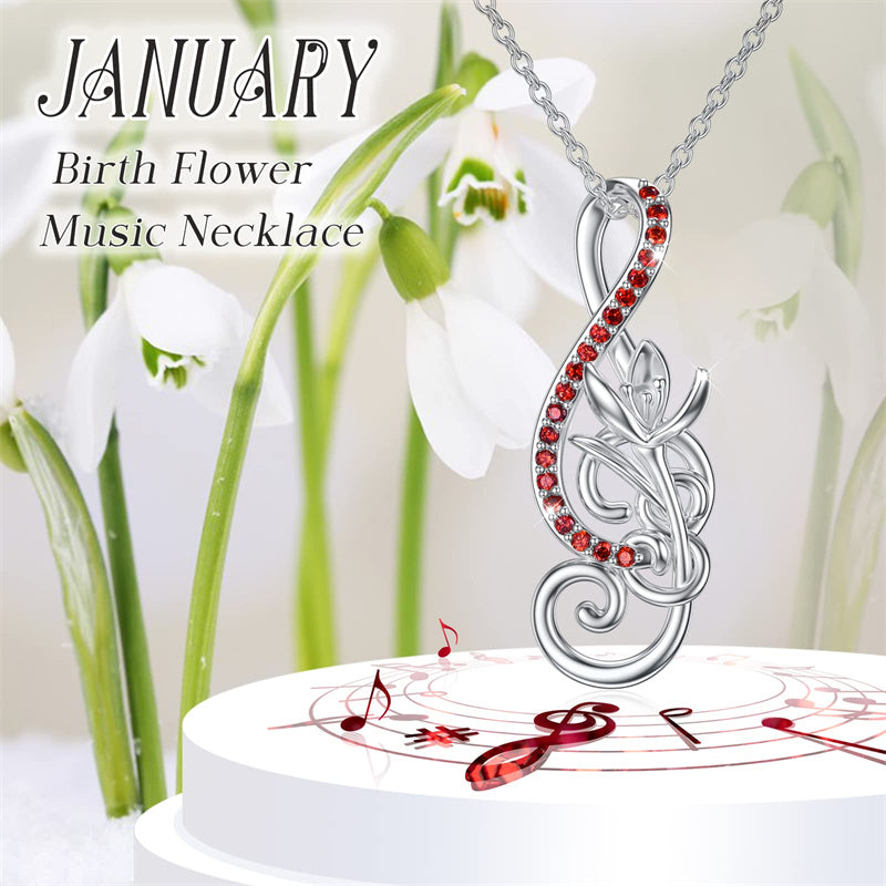 Sterling Silver Birthstone Music Note & Birth Flower Pendant Necklace