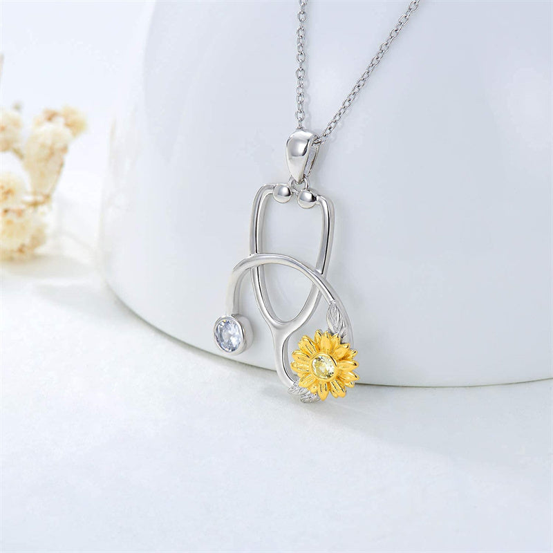 925 Sterling Silver Stethoscope Necklace with Sunflower Birthstone Necklace for Women Medical Doctor Nurse Jewelry Gift