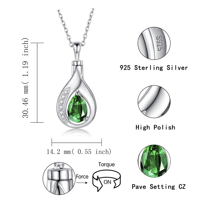 Sterling Silver Cubic Zirconia Tear Dangle Urn Necklace for Ashes