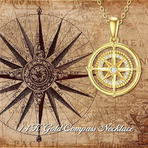 14K Real Gold Compass Pendant Necklace for Women Compass Dainty Necklace Jewelry Birthday Gift for Graduate