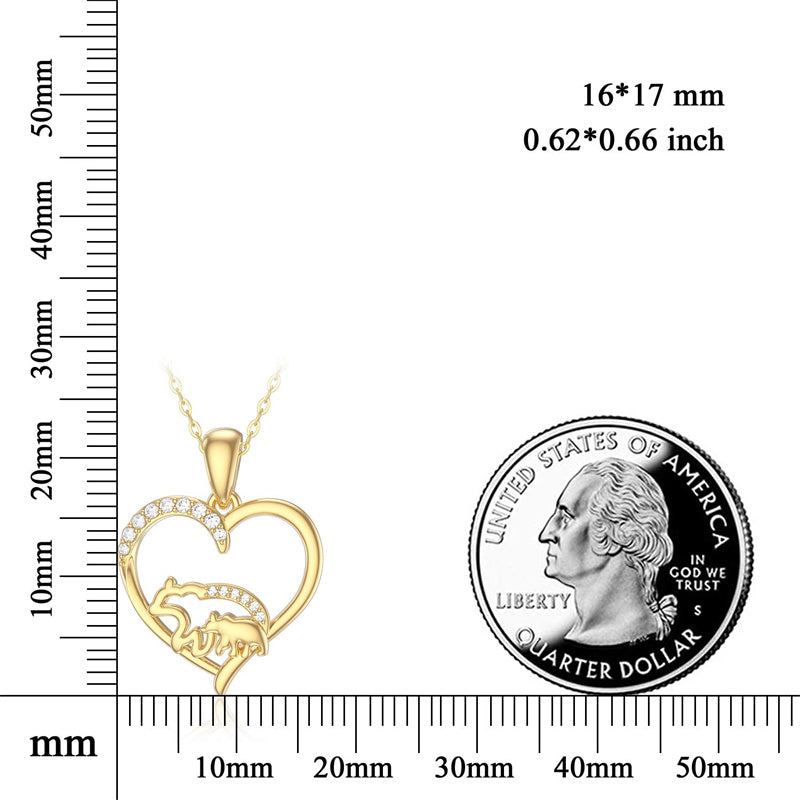 14k Solid Gold Moissanite Love Heart Mama Bear Pendant Necklace