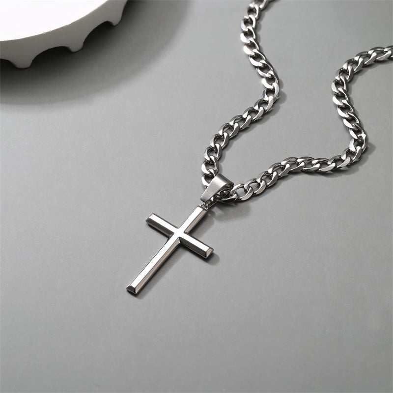 Sterling Silver Cross Pendent for Men With Stainless Steel Cuban Link Pendant Necklace