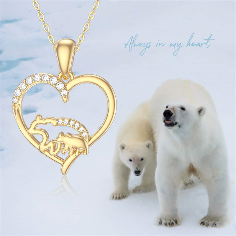 14k Solid Gold Moissanite Love Heart Mama Bear Pendant Necklace