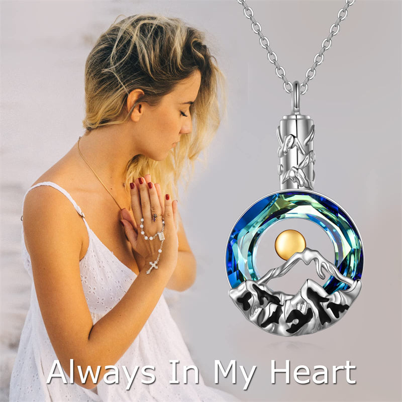 Mountain Range Urn Necklace for Ashes Sterling Silver Crystal Mountain Pendant Necklace Nature Jewelry Gift for Women