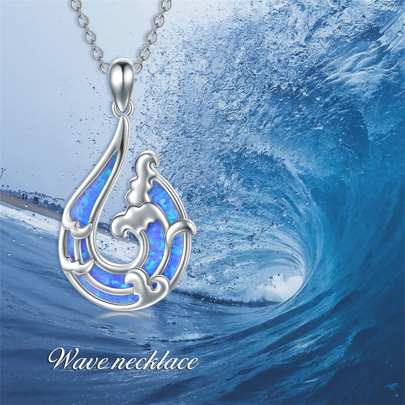 Sterling Silver Opal Wave Pendant Necklace