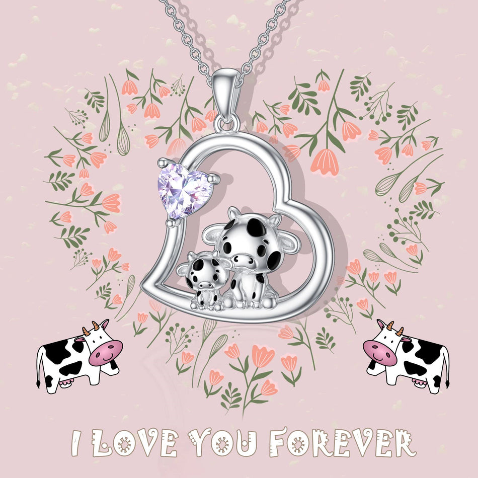 Sterling Silver Mother Daughter Cow Pendant Necklace