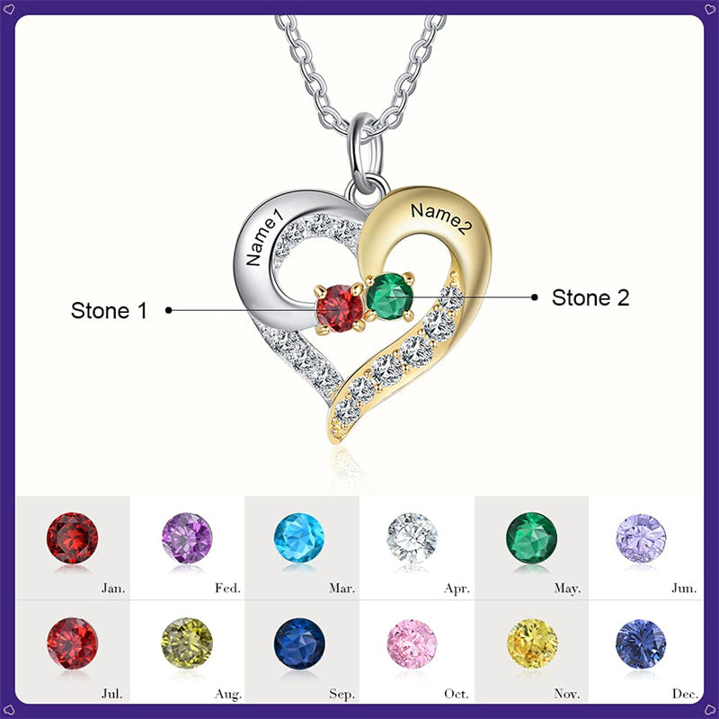 Sterling Silver Personalized Name Birthstones Heart Pendant Necklace