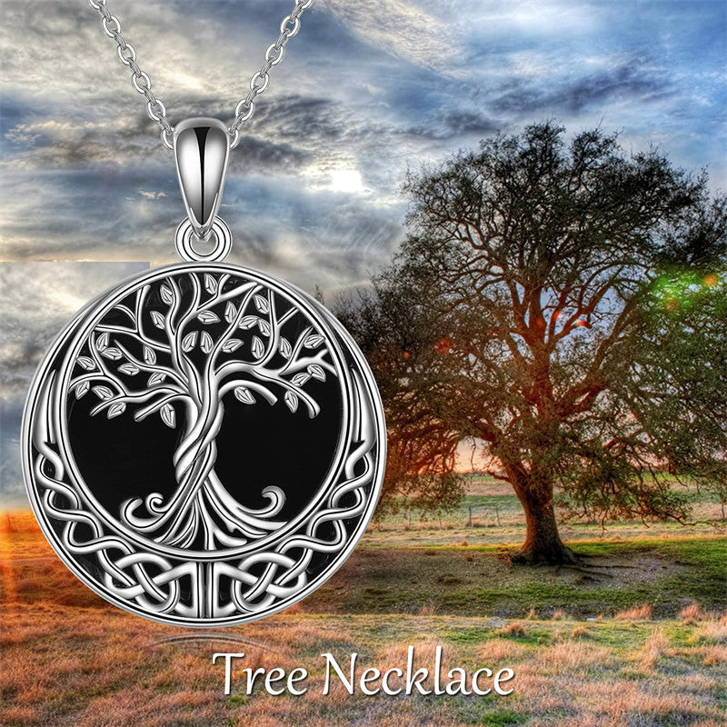 Sterling Silver Black Onyx Abalone Shell Tree of Life Celtic Knot Pendant Necklace