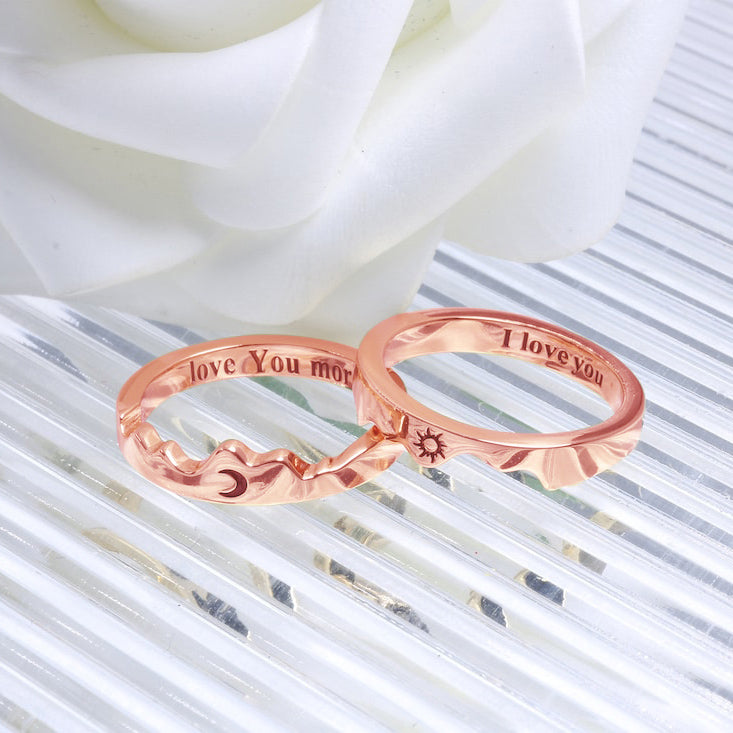 Sterling Silver Personalized Engraved Moon & Sun Matching Couple Rings Set