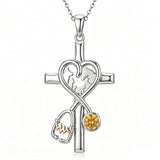 14K Gold Plated  Birthstone Stethoscope Cross Necklace Graduation Gifts for Women RN