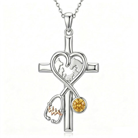 14K Gold Plated  Birthstone Stethoscope Cross Necklace Graduation Gifts for Women RN